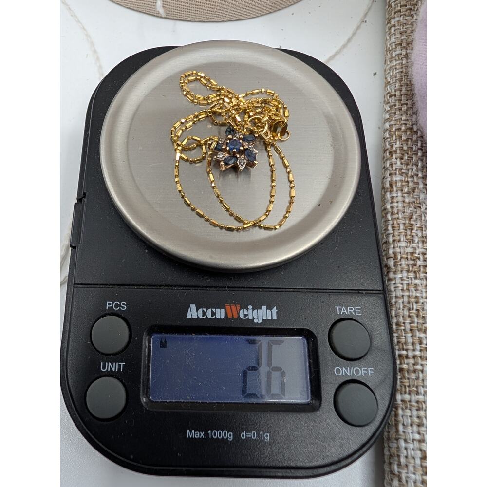 Solid 14K Gold Natural Blue Sapphire & Diamond Flower Pendant Necklace 585 Italy - Picture 6 of 16